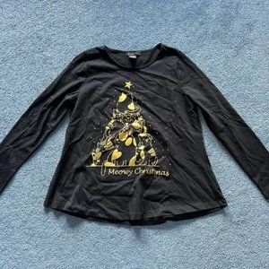 Project Women's Black & Gold "Meowy Christmas" Long Sleeve Blouse Size Medium